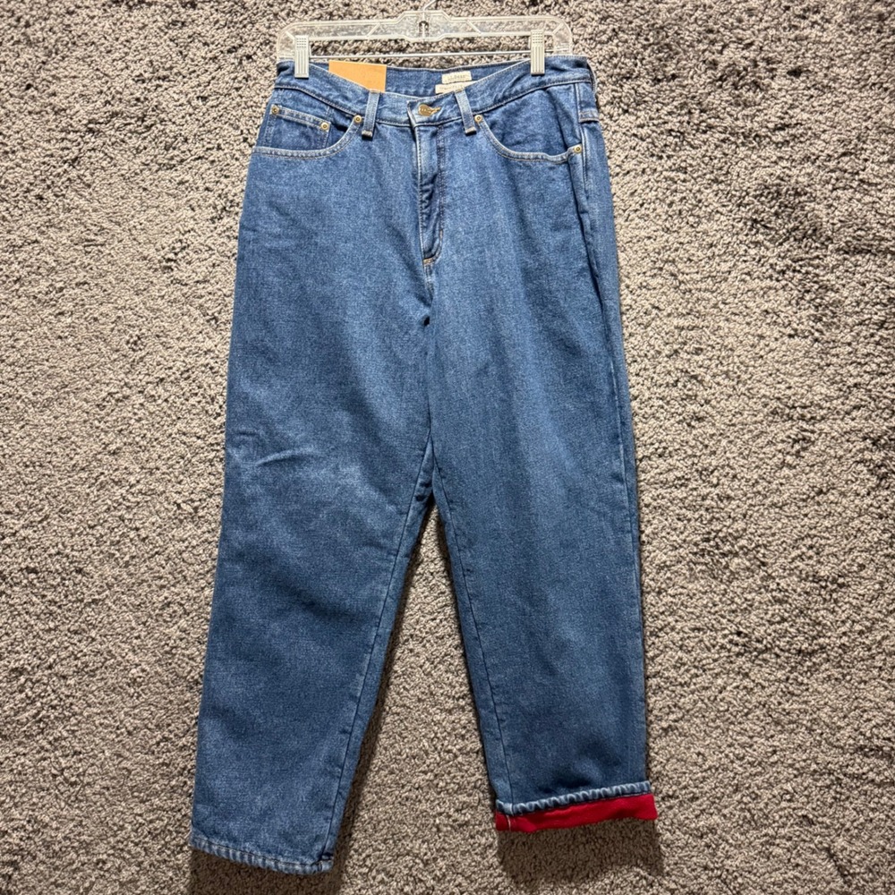 LL Bean Fleece Lined Jeans Women 12 Pet Blue New Relaxed Fit Straight Leg Denim